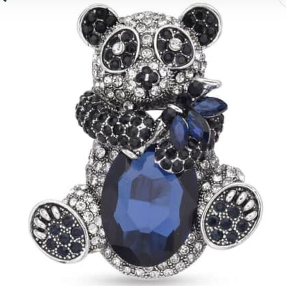 Crystal Blue Glass Panda Brooch - Picture 1 of 12
